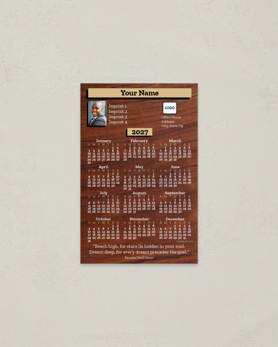 This is a 3.7" x 5.7" Full Magnet Calendar called Natural Wood Grain printed in full color with a Standard Gloss finish