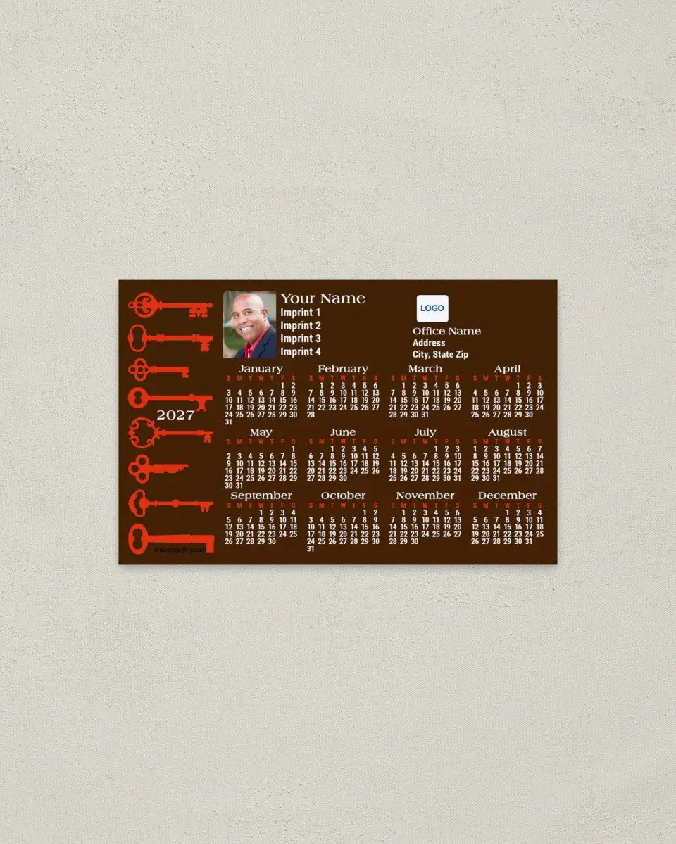 This is a 3.7" x 5.7" Full Magnet Calendar called Antique Skeleton Keys printed in full color with a Standard Gloss finish