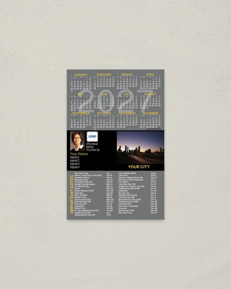 This is a 3.7" x 5.7" Full Magnet Calendar called City Twilight printed in full color with a Standard Gloss finish