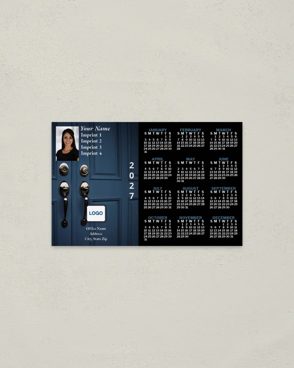 This is a 3.7" x 5.7" Full Magnet Calendar called Gray-Blue Doors with Black Background printed in full color with a Standard Gloss finish