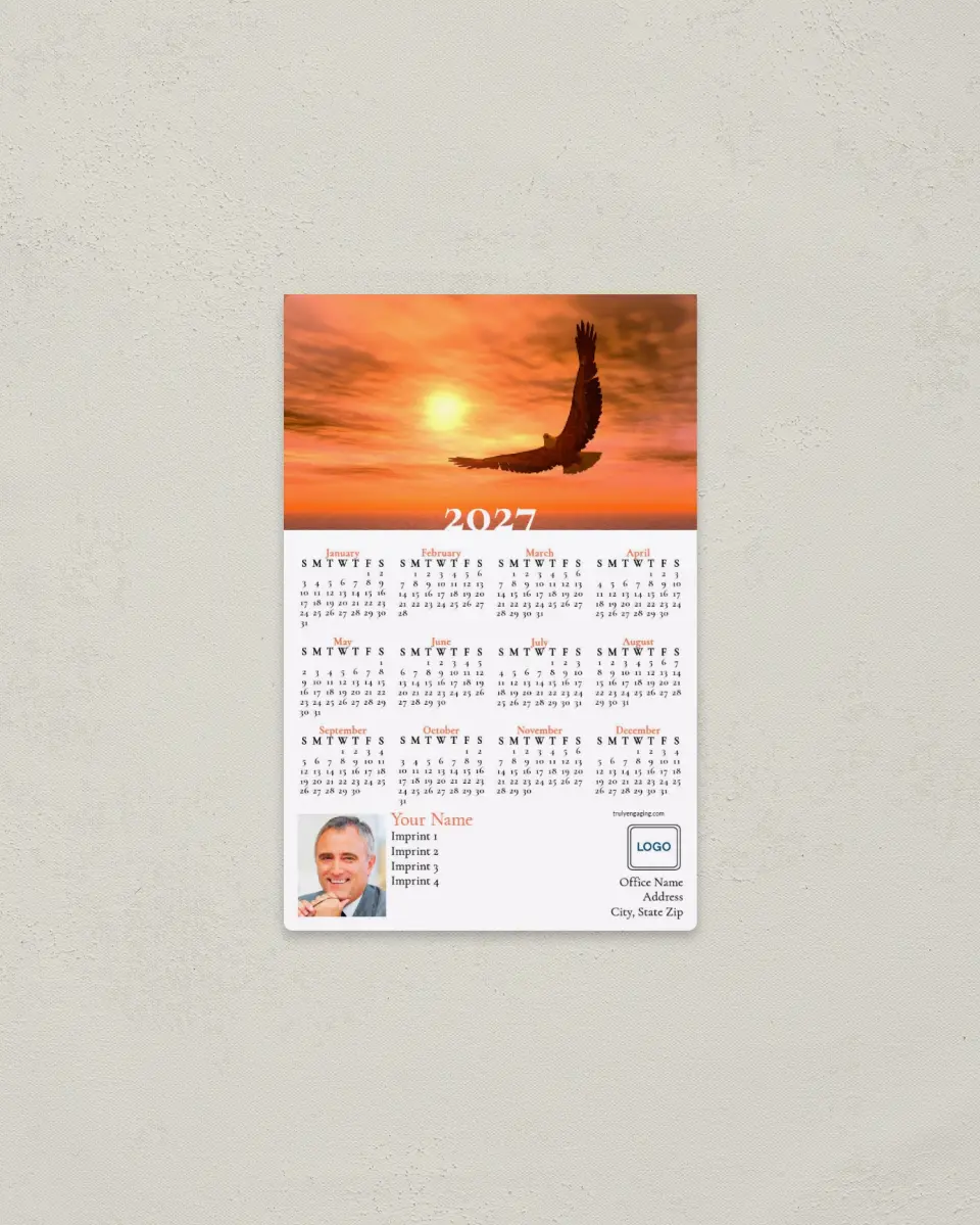 This is a 3.7" x 5.7" Full Magnet Calendar called Soaring Eagle printed in full color with a Standard Gloss finish