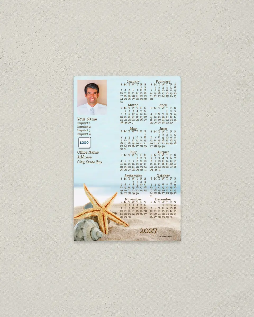 This is a 3.7" x 5.7" Full Magnet Calendar called Seashells and Starfish printed in full color with a Standard Gloss finish