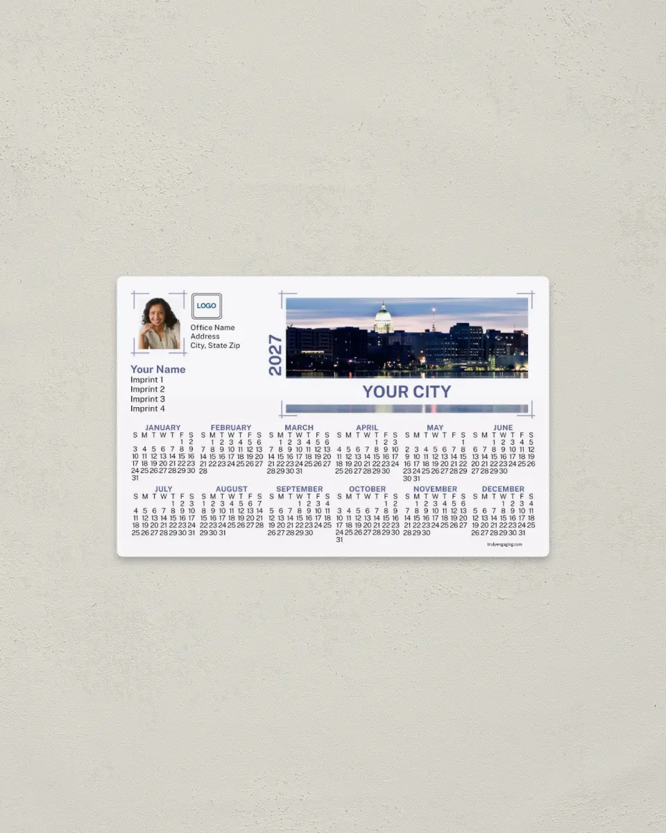 This is a 3.7" x 5.7" Full Magnet Calendar called Contemporary Skyline printed in full color with a Standard Gloss finish