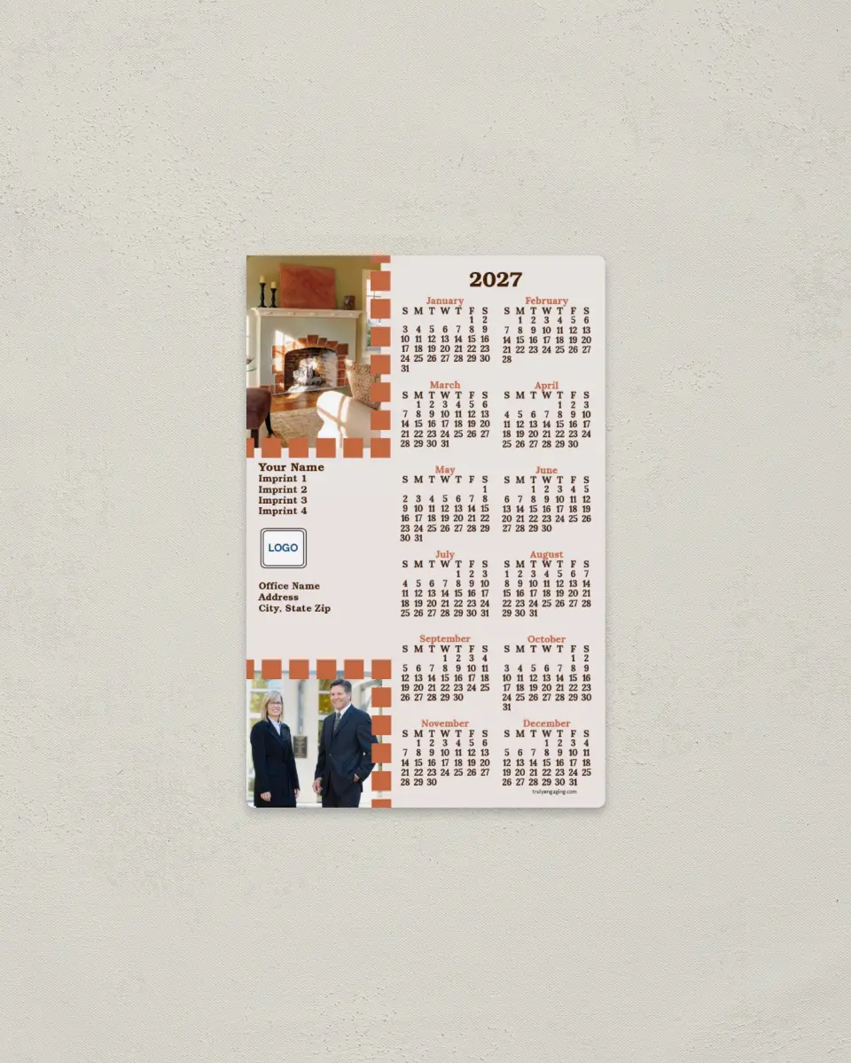 This is a 3.7" x 5.7" Full Magnet Calendar called Inviting Fireplace printed in full color with a Standard Gloss finish