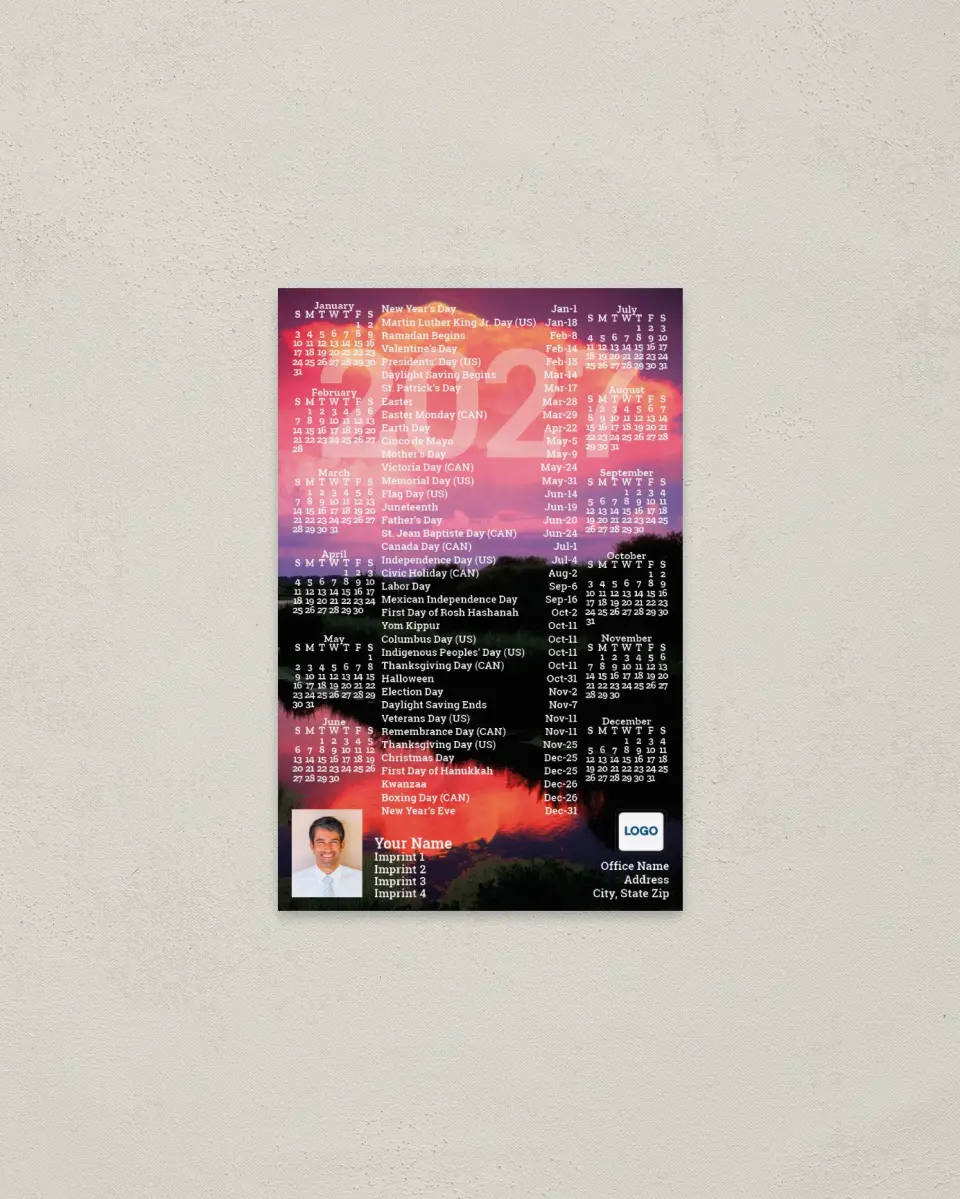 This is a 3.7" x 5.7" Full Magnet Calendar called Sunset Over Water printed in full color with a Standard Gloss finish