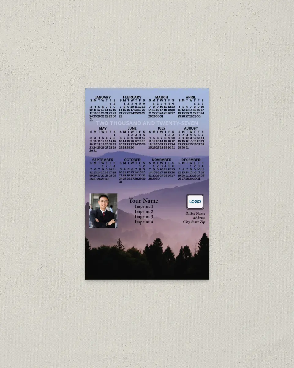 This is a 3.7" x 5.7" Full Magnet Calendar called Mountains at Dawn printed in full color with a Standard Gloss finish