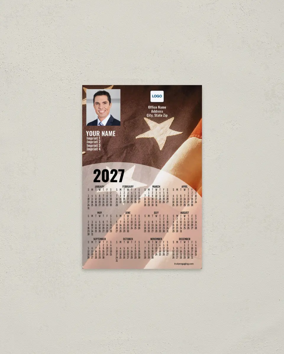 This is a 3.7" x 5.7" Full Magnet Calendar called Old Glory printed in full color with a Standard Gloss finish