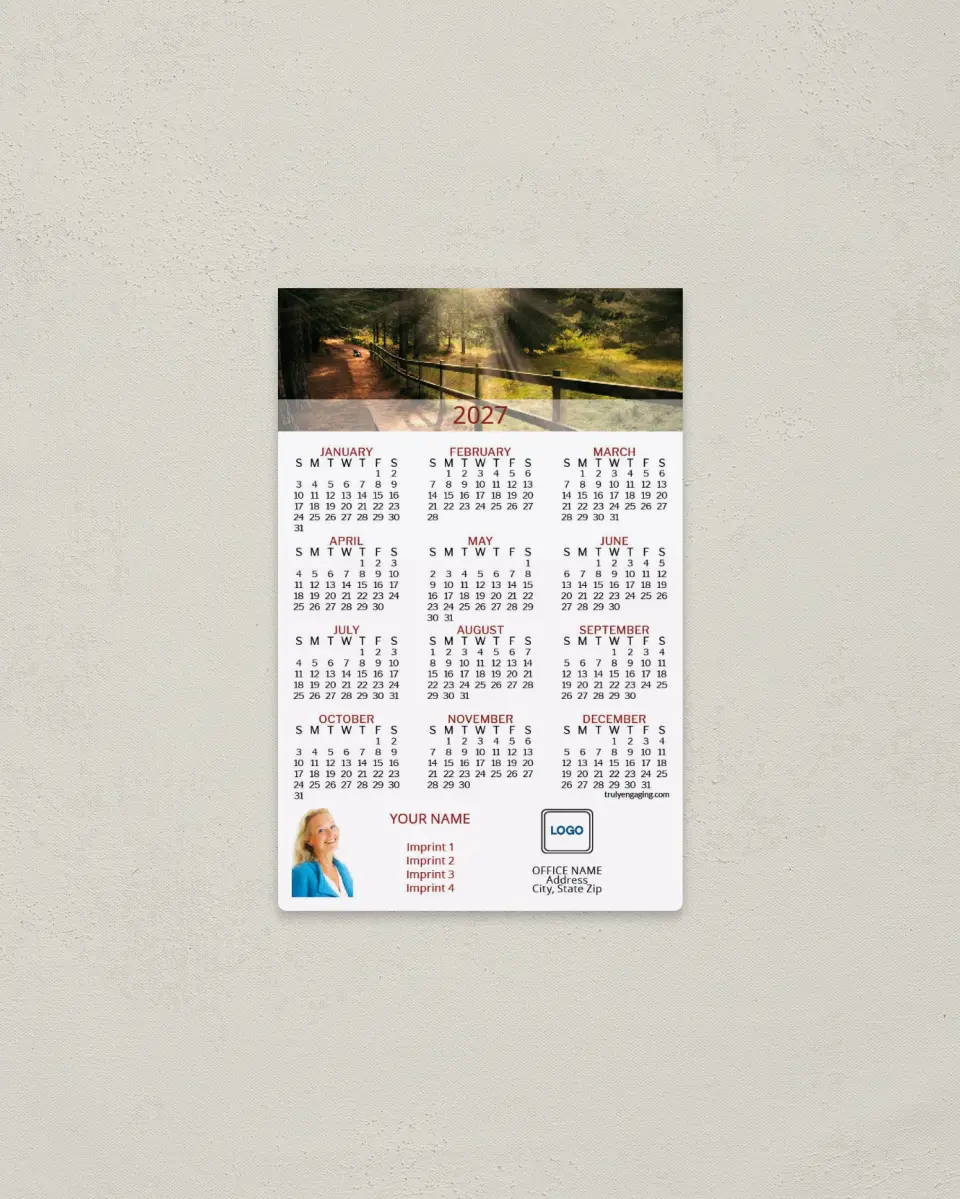 This is a 3.7" x 5.7" Full Magnet Calendar called Sunlit Trail printed in full color with a Standard Gloss finish