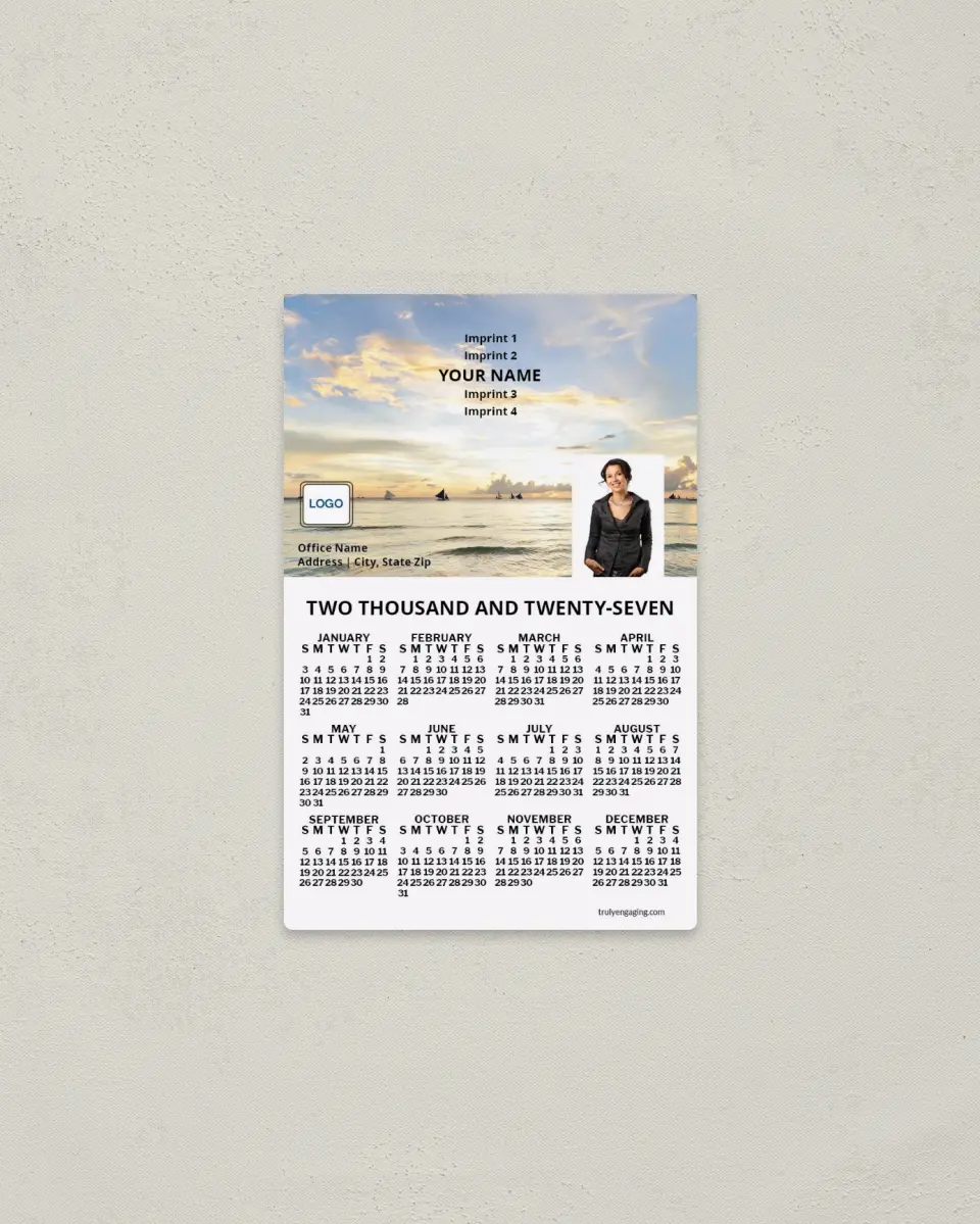 This is a 3.7" x 5.7" Full Magnet Calendar called Setting Sun printed in full color with a Standard Gloss finish