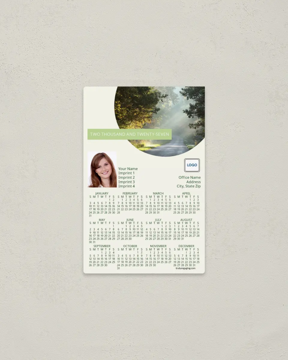 This is a 3.7" x 5.7" Full Magnet Calendar called Morning Glory printed in full color with a Standard Gloss finish