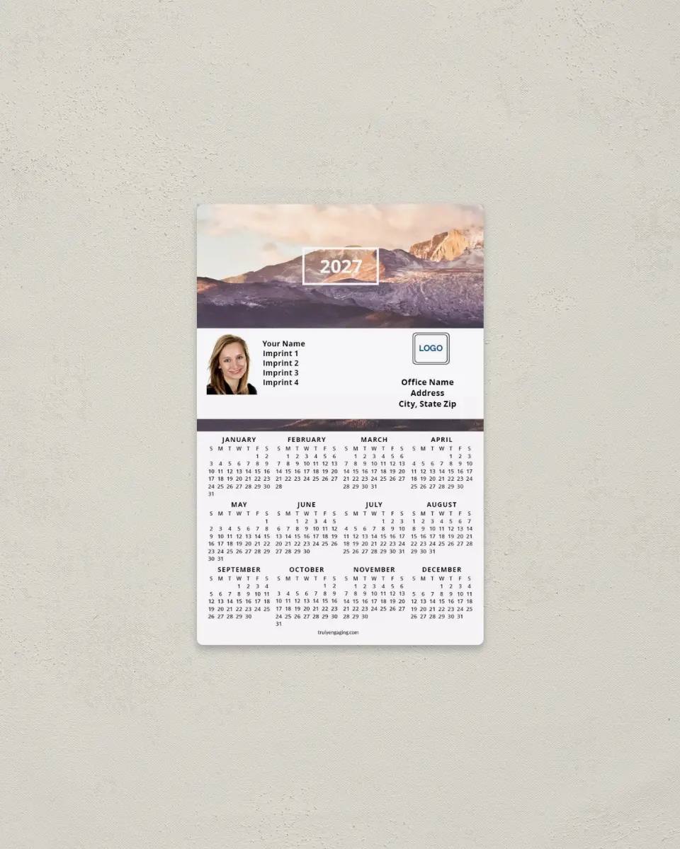 This is a 3.7" x 5.7" Full Magnet Calendar called Rustic Ridges printed in full color with a Standard Gloss finish