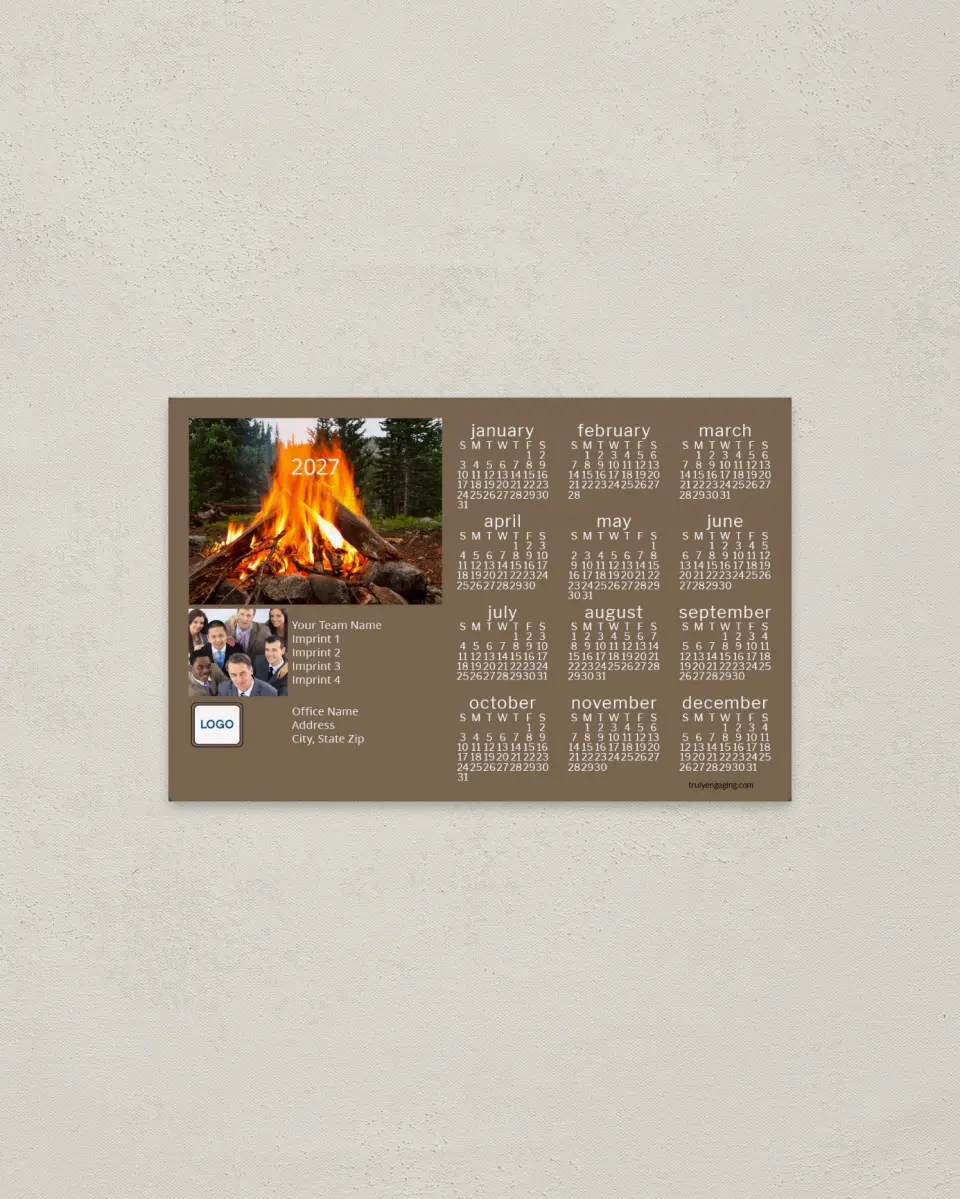This is a 3.7" x 5.7" Full Magnet Calendar called Cozy Campfire printed in full color with a Standard Gloss finish