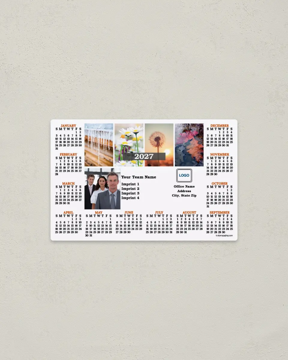 This is a 3.7" x 5.7" Full Magnet Calendar called Through the Seasons printed in full color with a Standard Gloss finish