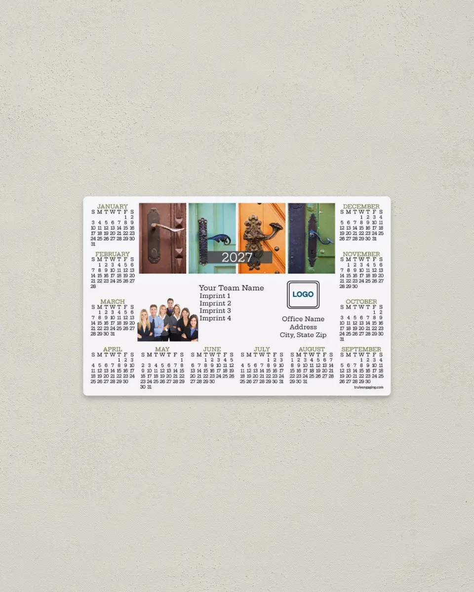 This is a 3.7" x 5.7" Full Magnet Calendar called Elegant Entries printed in full color with a Standard Gloss finish