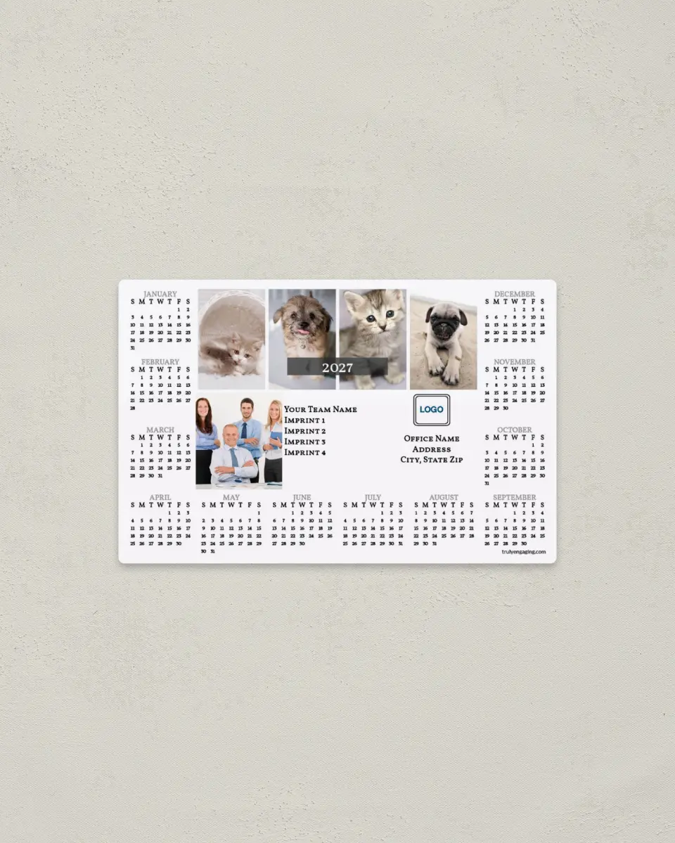 This is a 3.7" x 5.7" Full Magnet Calendar called Kittens & Puppies printed in full color with a Standard Gloss finish
