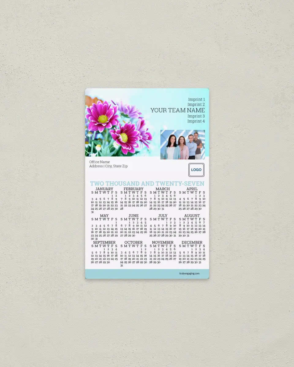 This is a 3.7" x 5.7" Full Magnet Calendar called First Bloom printed in full color with a Standard Gloss finish