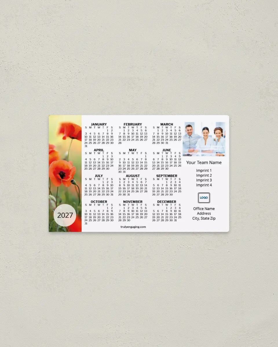 This is a 3.7" x 5.7" Full Magnet Calendar called Poppy Morning printed in full color with a Standard Gloss finish