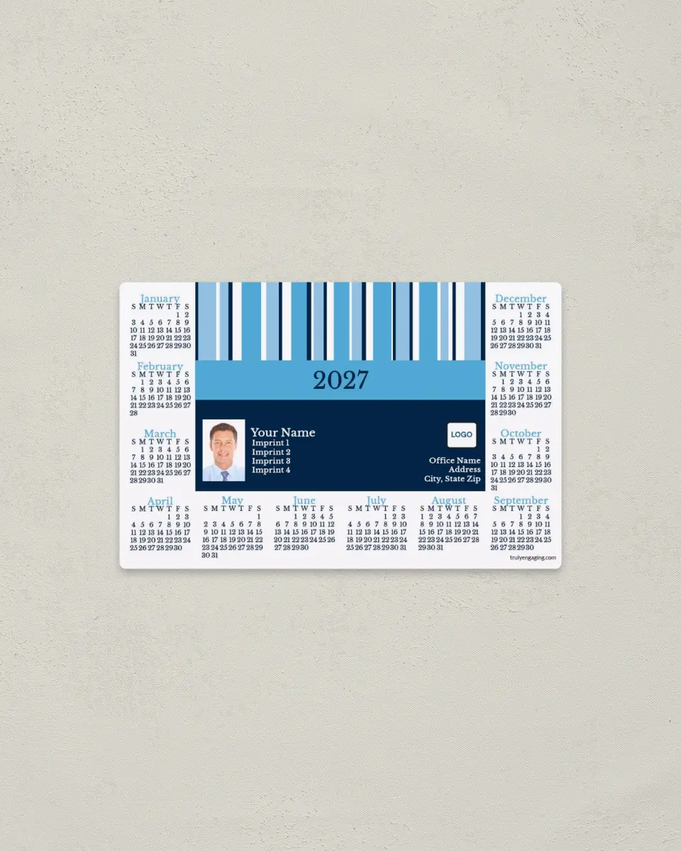 This is a 3.7" x 5.7" Full Magnet Calendar called Savvy Stripes printed in full color with a Standard Gloss finish