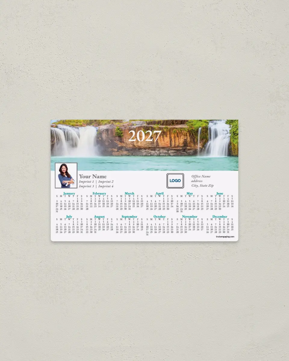 This is a 3.7" x 5.7" Full Magnet Calendar called Refreshing Falls printed in full color with a Standard Gloss finish