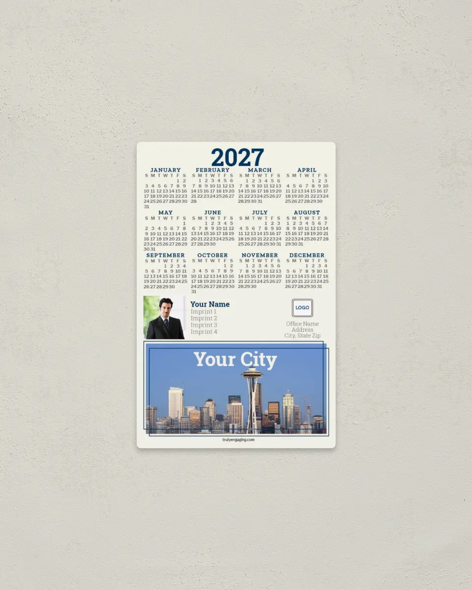 This is a 3.7" x 5.7" Full Magnet Calendar called Modern Metro printed in full color with a Standard Gloss finish