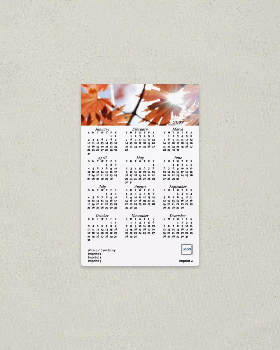 This is a 3.7" x 5.7" Full Magnet Calendar called Turning Season printed in full color with a Standard Gloss finish