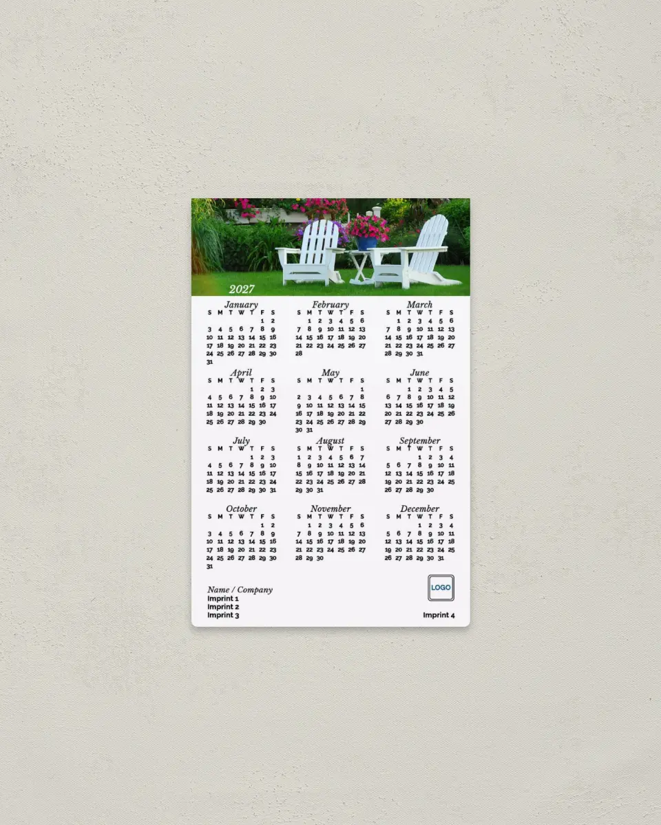This is a 3.7" x 5.7" Full Magnet Calendar called Outdoor Leisure printed in full color with a Standard Gloss finish