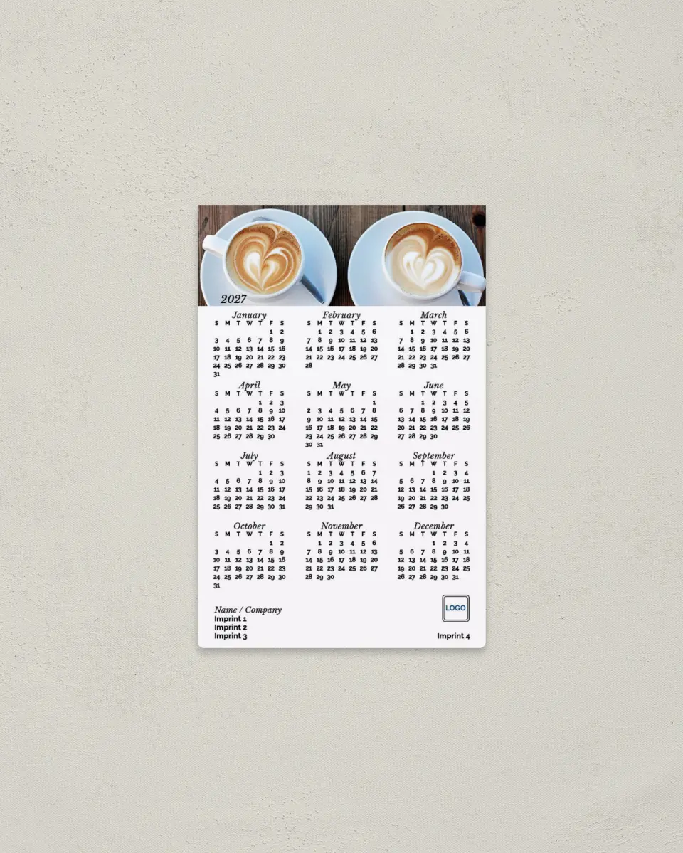This is a 3.7" x 5.7" Full Magnet Calendar called Coffee Art printed in full color with a Standard Gloss finish