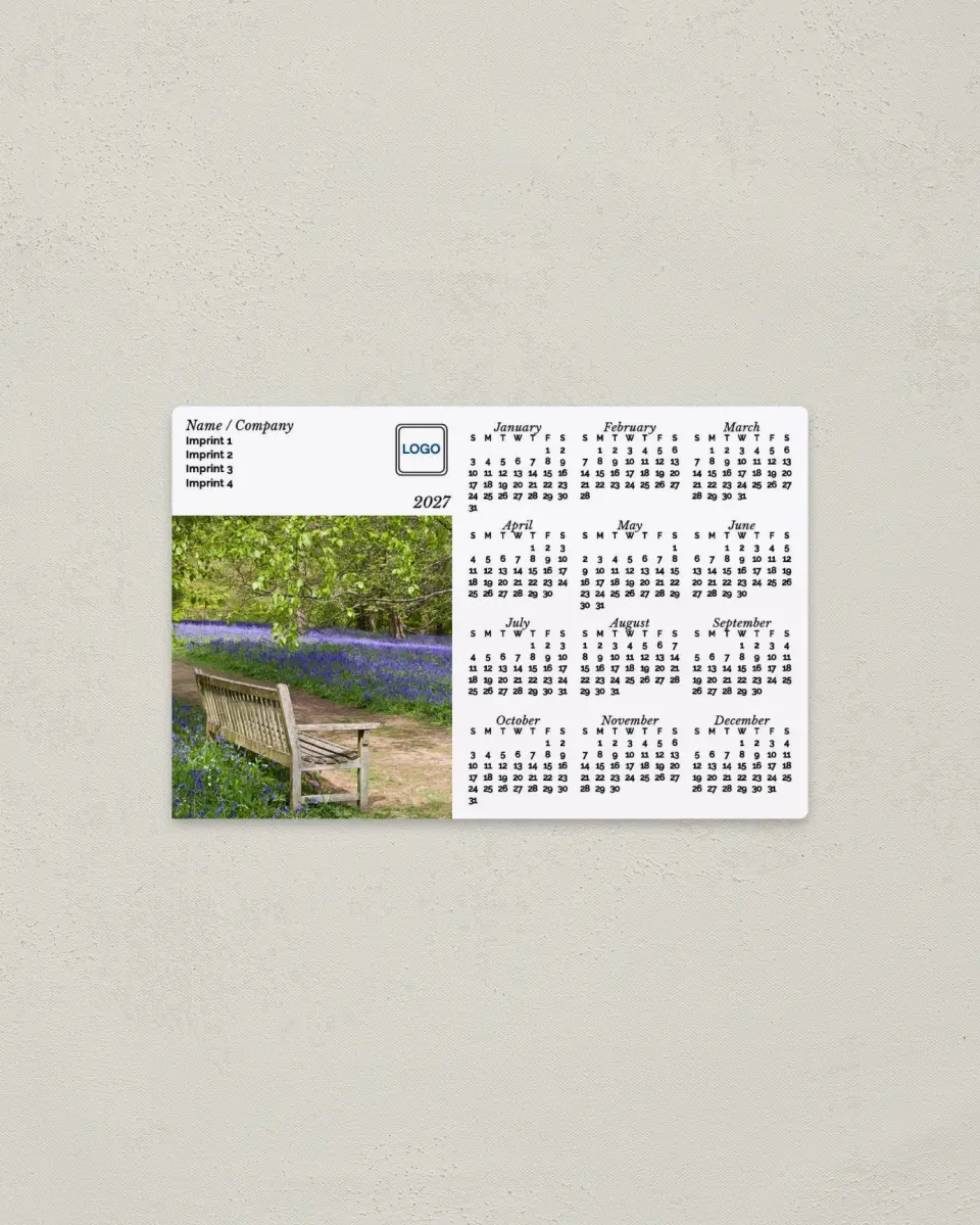 This is a 3.7" x 5.7" Full Magnet Calendar called Peaceful Bench printed in full color with a Standard Gloss finish
