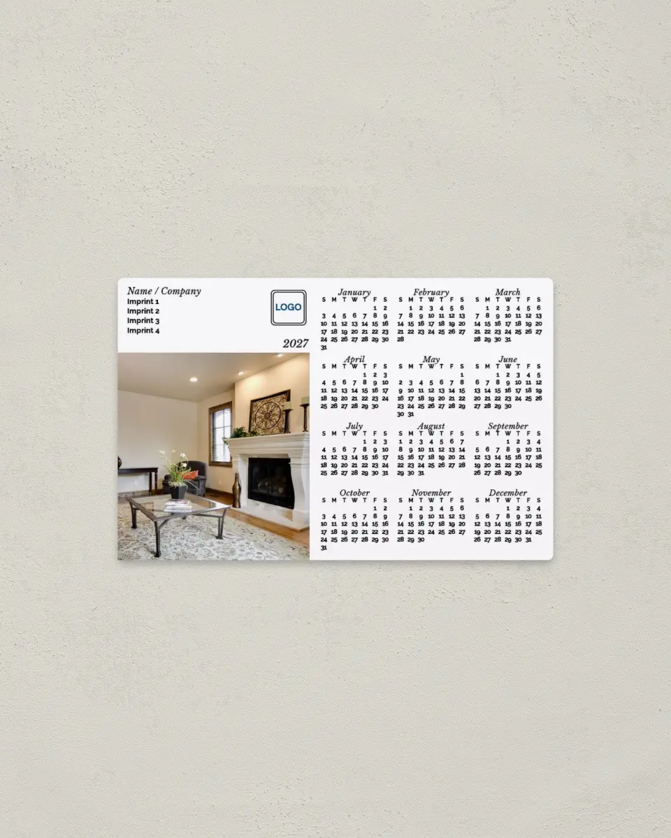 This is a 3.7" x 5.7" Full Magnet Calendar called Fireside Hearth printed in full color with a Standard Gloss finish