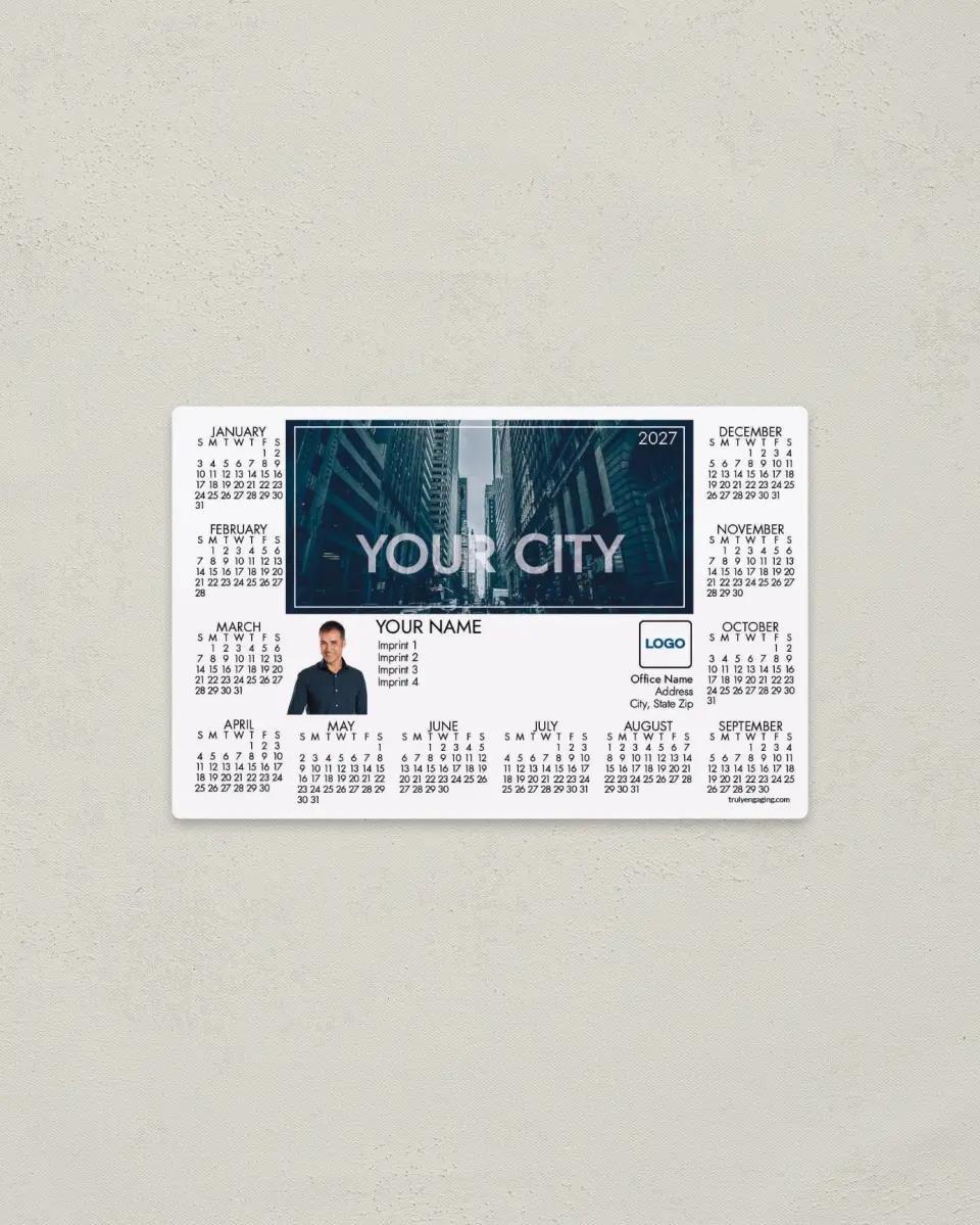 This is a 3.7" x 5.7" Full Magnet Calendar called City View printed in full color with a Standard Gloss finish
