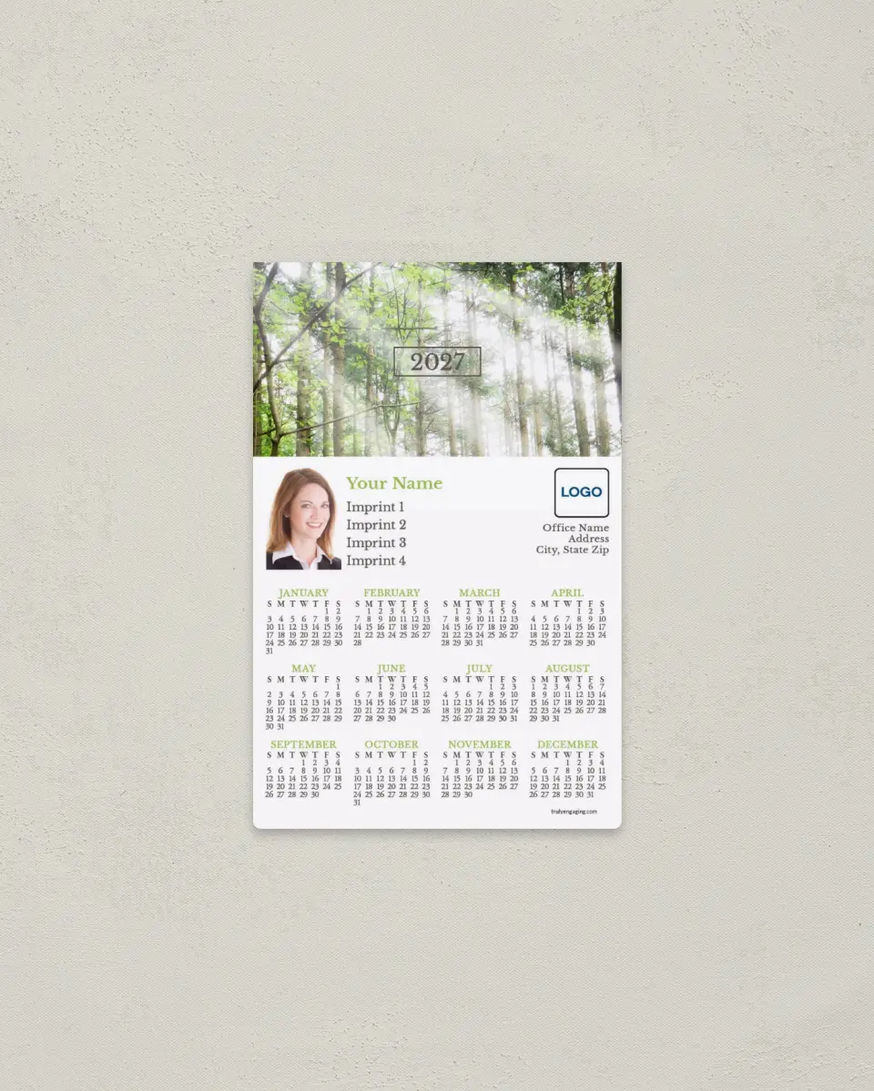 This is a 3.7" x 5.7" Full Magnet Calendar called Enchanted Woods printed in full color with a Standard Gloss finish