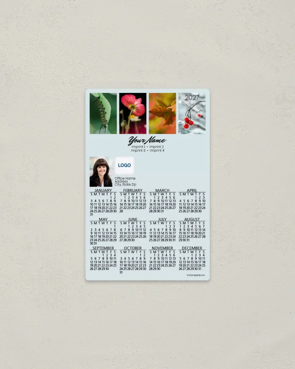 This is a 3.7" x 5.7" Full Magnet Calendar called Stately Seasons printed in full color with a Standard Gloss finish