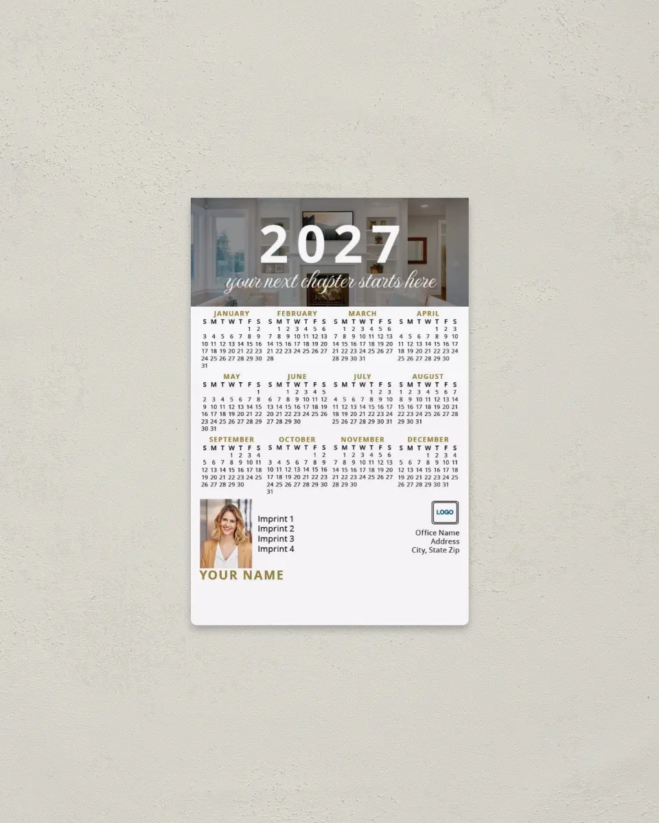 This is a 3.7" x 5.7" Full Magnet Calendar called Modern Mantle printed in full color with Gold foil and a Standard Gloss finish