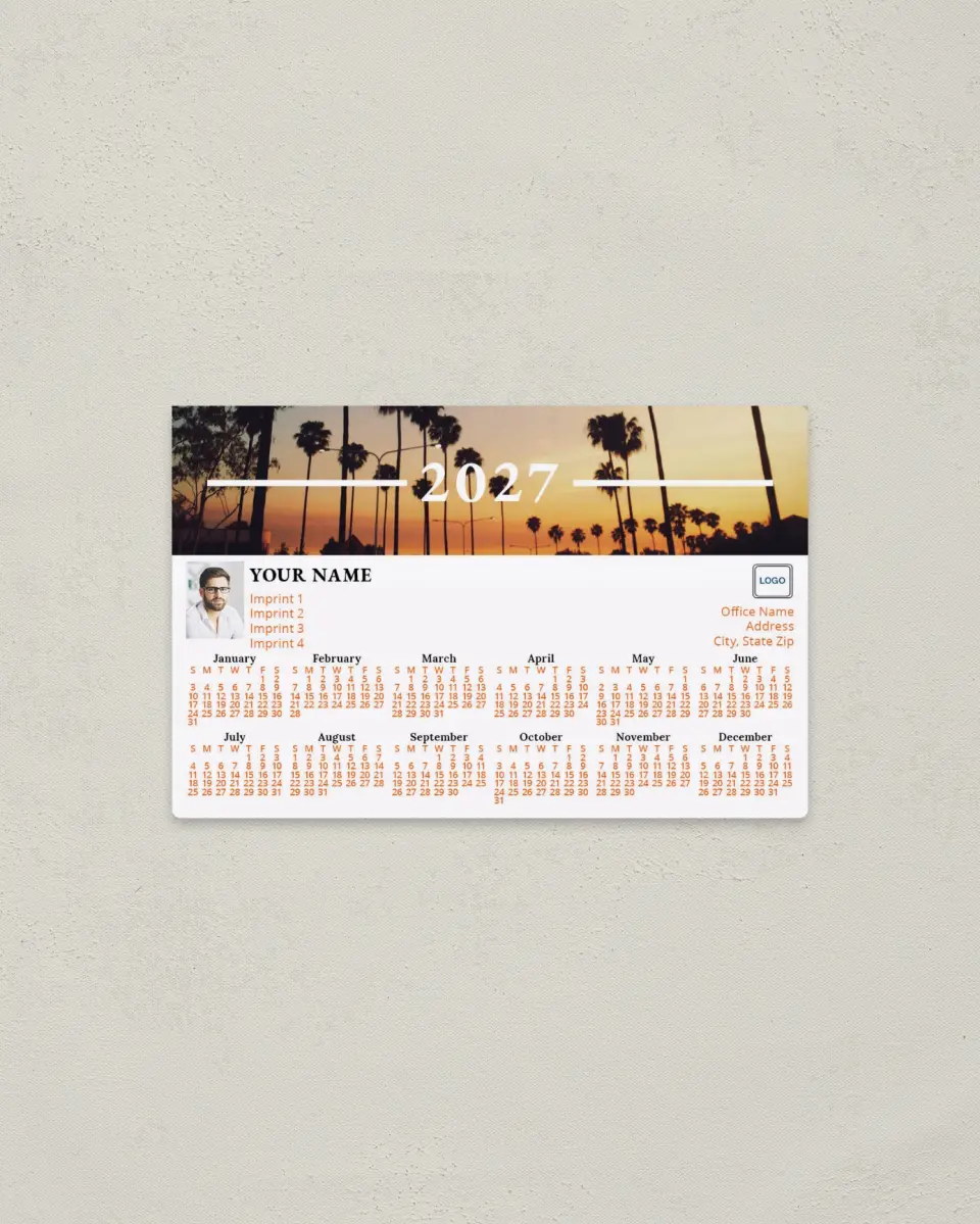 This is a 3.7" x 5.7" Full Magnet Calendar called Sunset Palm printed in full color with a Standard Gloss finish