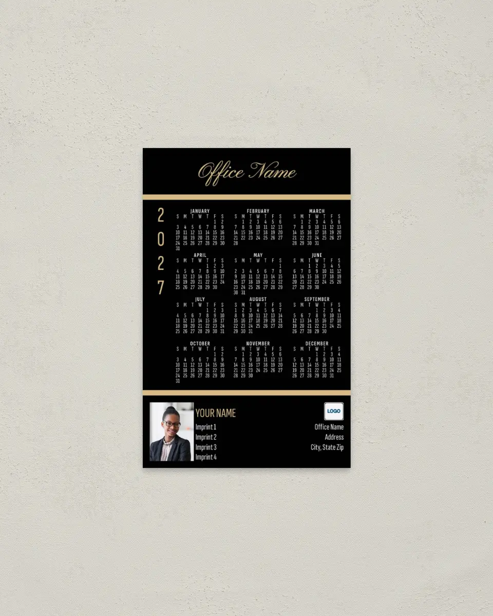 This is a 3.7" x 5.7" Full Magnet Calendar called Bold Elegance printed in full color with Gold foil and a Standard Gloss finish