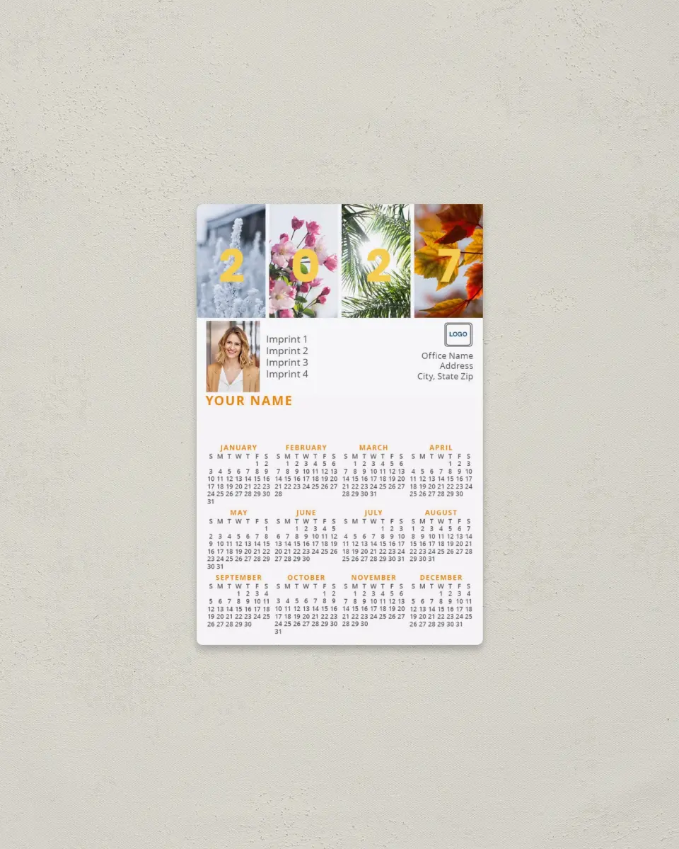 This is a 3.7" x 5.7" Full Magnet Calendar called Seasons Captured printed in full color with Gold foil and a Standard Gloss finish