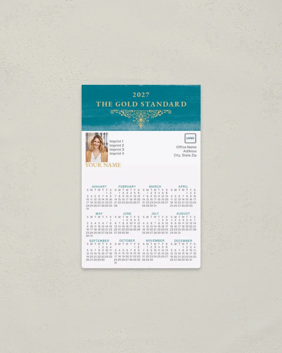 This is a 3.7" x 5.7" Full Magnet Calendar called Ornate Filigree printed in full color with Gold foil and a Standard Gloss finish