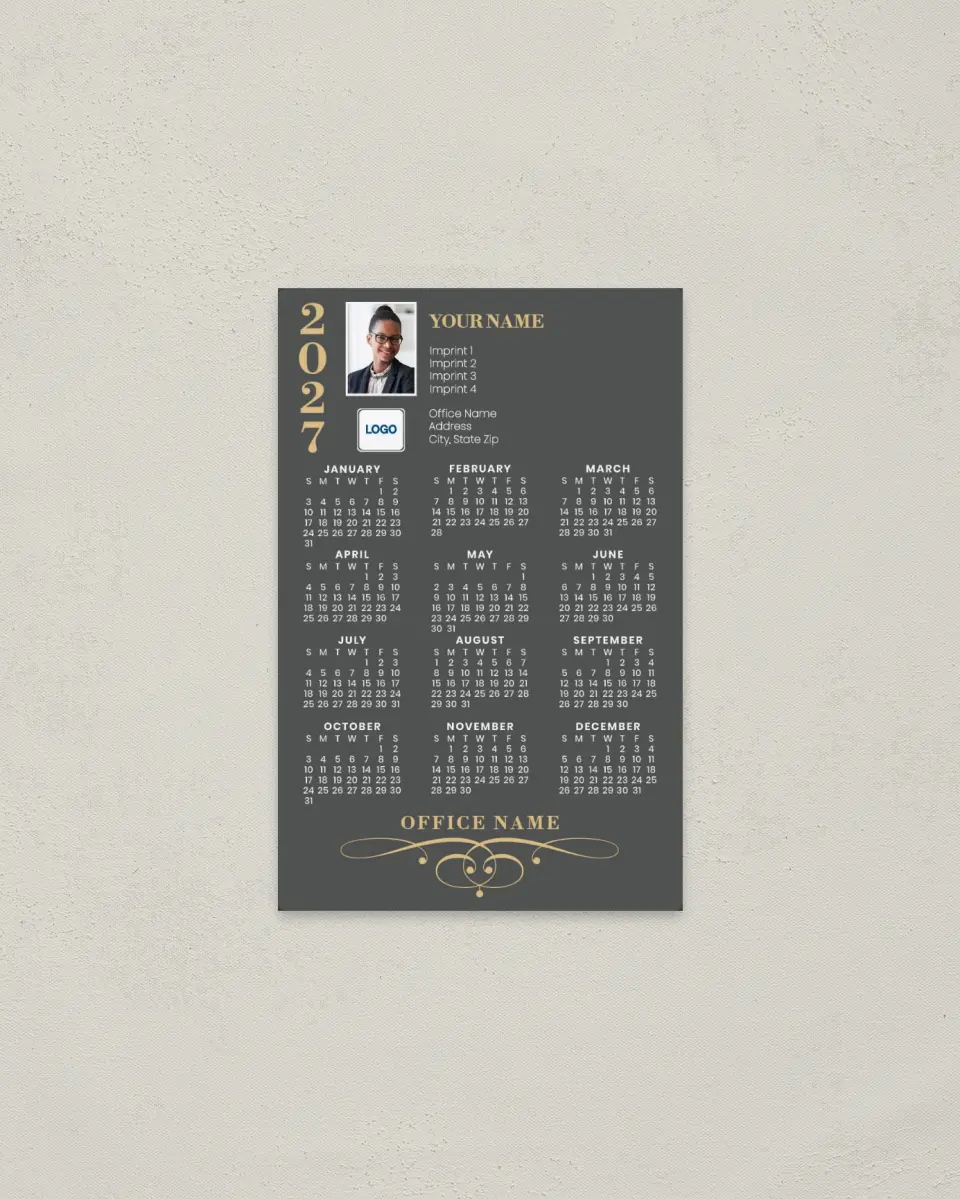 This is a 3.7" x 5.7" Full Magnet Calendar called Touch of Class printed in full color with Rose Gold foil and a Standard Gloss finish