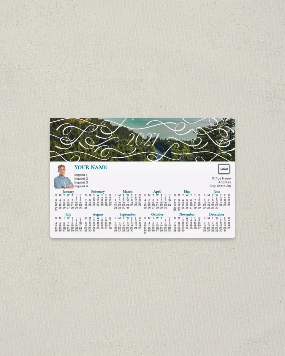 This is a 3.7" x 5.7" Full Magnet Calendar called Scenic Filigree printed in full color with Silver foil and a Standard Gloss finish