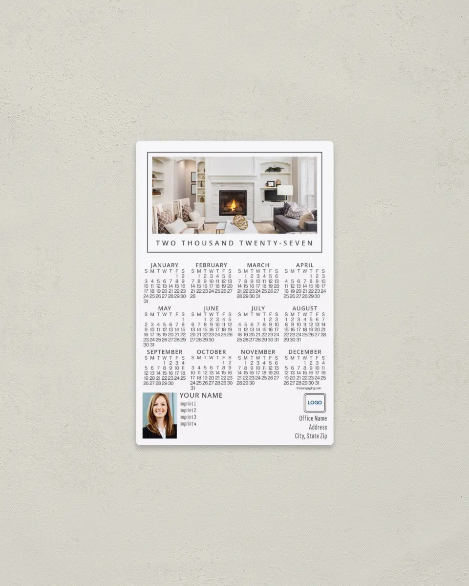 This is a 3.7" x 5.7" Full Magnet Calendar called Welcome Hearth printed in full color with a Standard Gloss finish