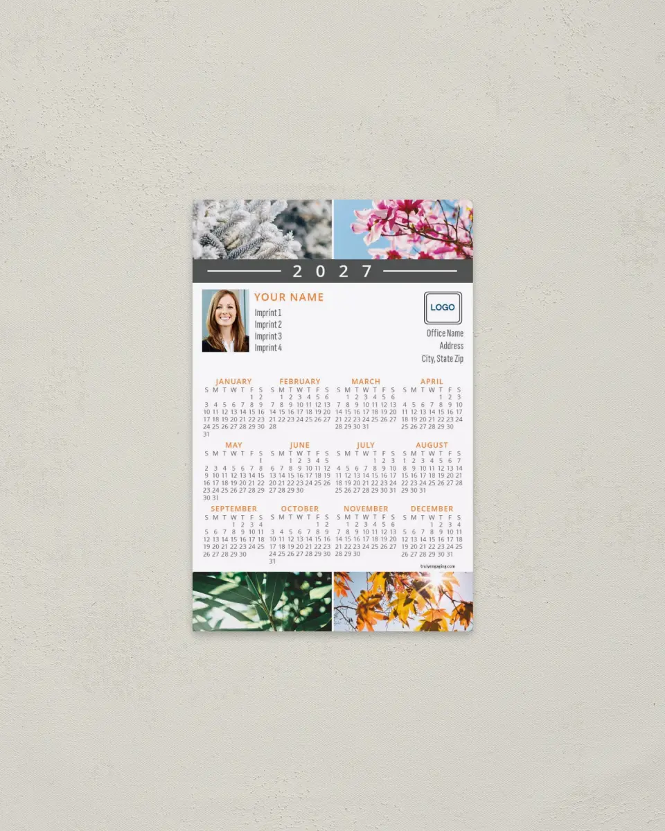 This is a 3.7" x 5.7" Full Magnet Calendar called Seasonal Bliss printed in full color with a Standard Gloss finish