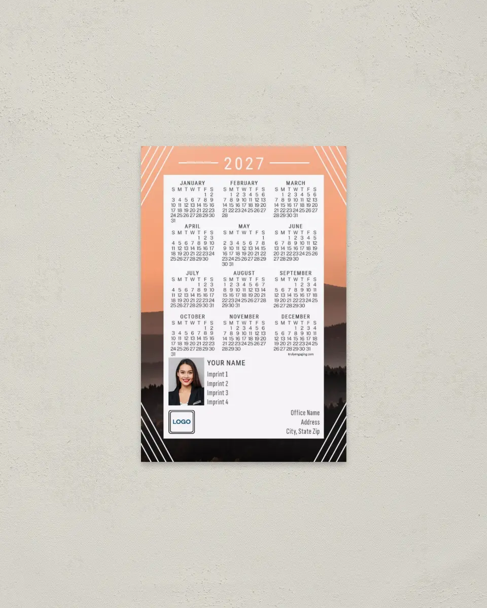 This is a 3.7" x 5.7" Full Magnet Calendar called Bright Mountainscape printed in full color with a Standard Gloss finish