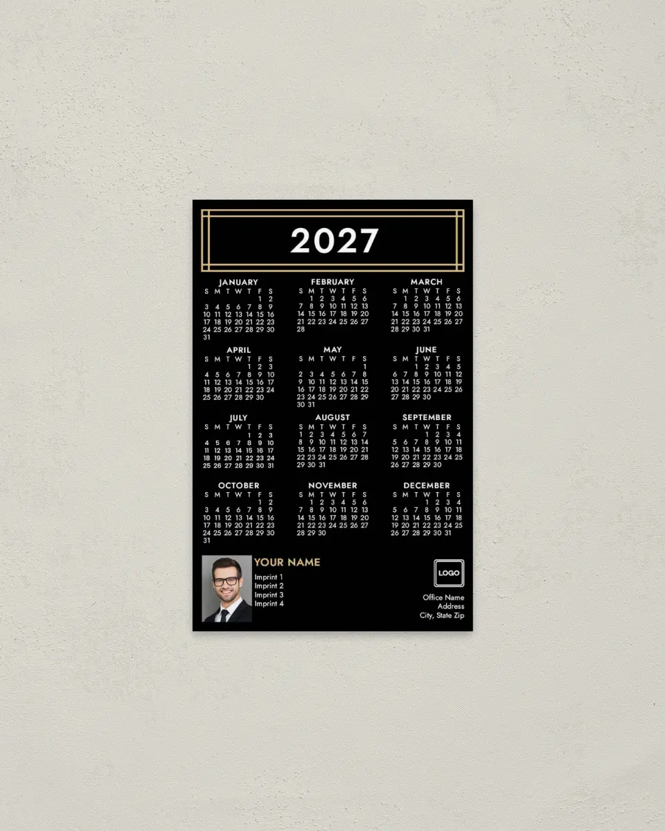 This is a 3.7" x 5.7" Full Magnet Calendar called Framed in Gold printed in full color with a Standard Gloss finish