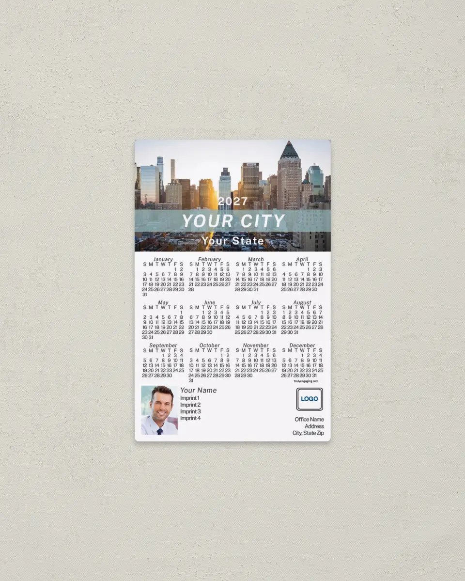 This is a 3.7" x 5.7" Full Magnet Calendar called Urban Life printed in full color with a Standard Gloss finish