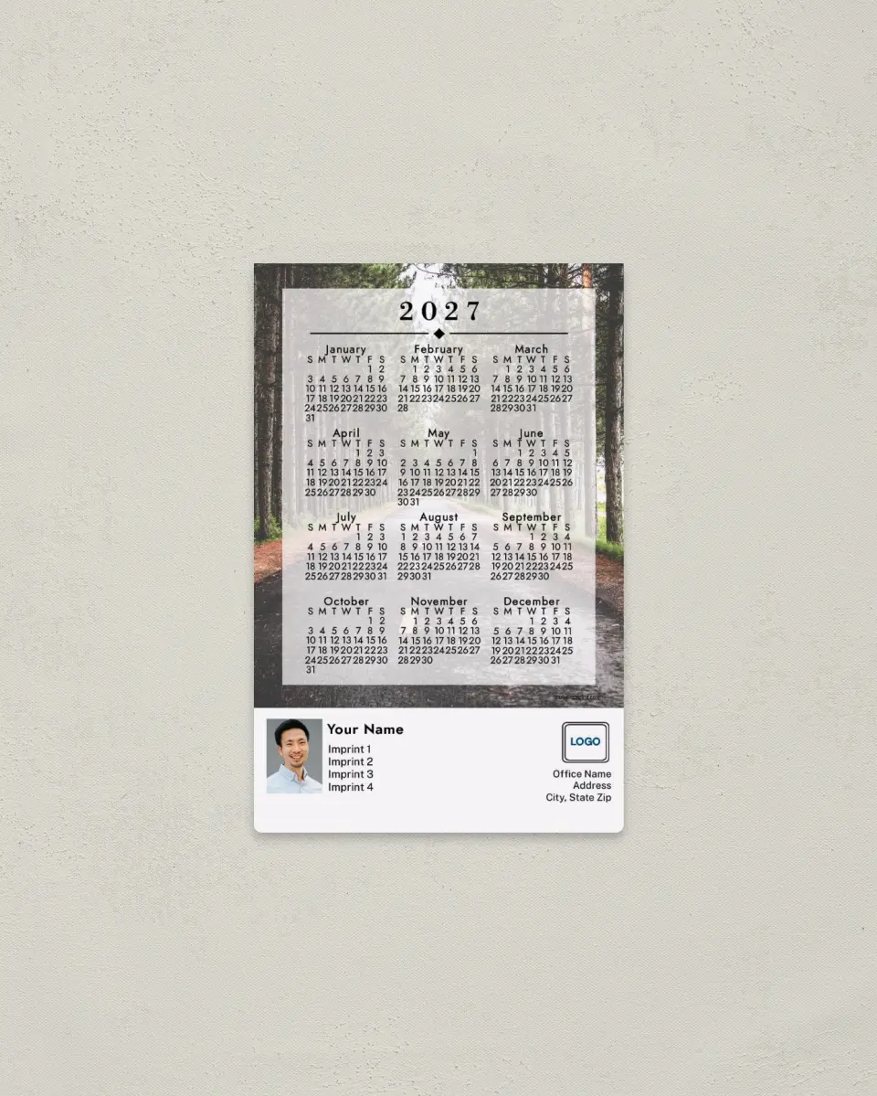 This is a 3.7" x 5.7" Full Magnet Calendar called Down the Path printed in full color with a Standard Gloss finish