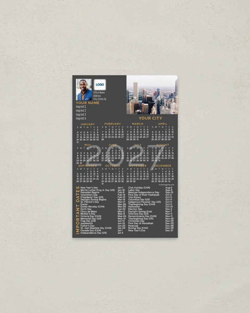 This is a 3.7" x 5.7" Full Magnet Calendar called Simple City printed in full color with a Standard Gloss finish