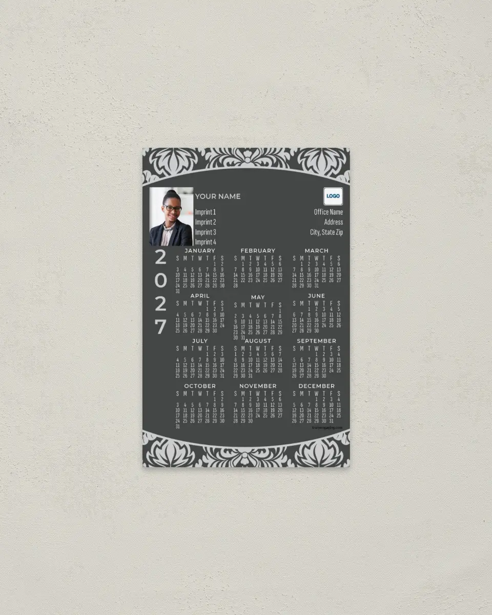 This is a 3.7" x 5.7" Full Magnet Calendar called Formal Motif printed in full color with a Standard Gloss finish