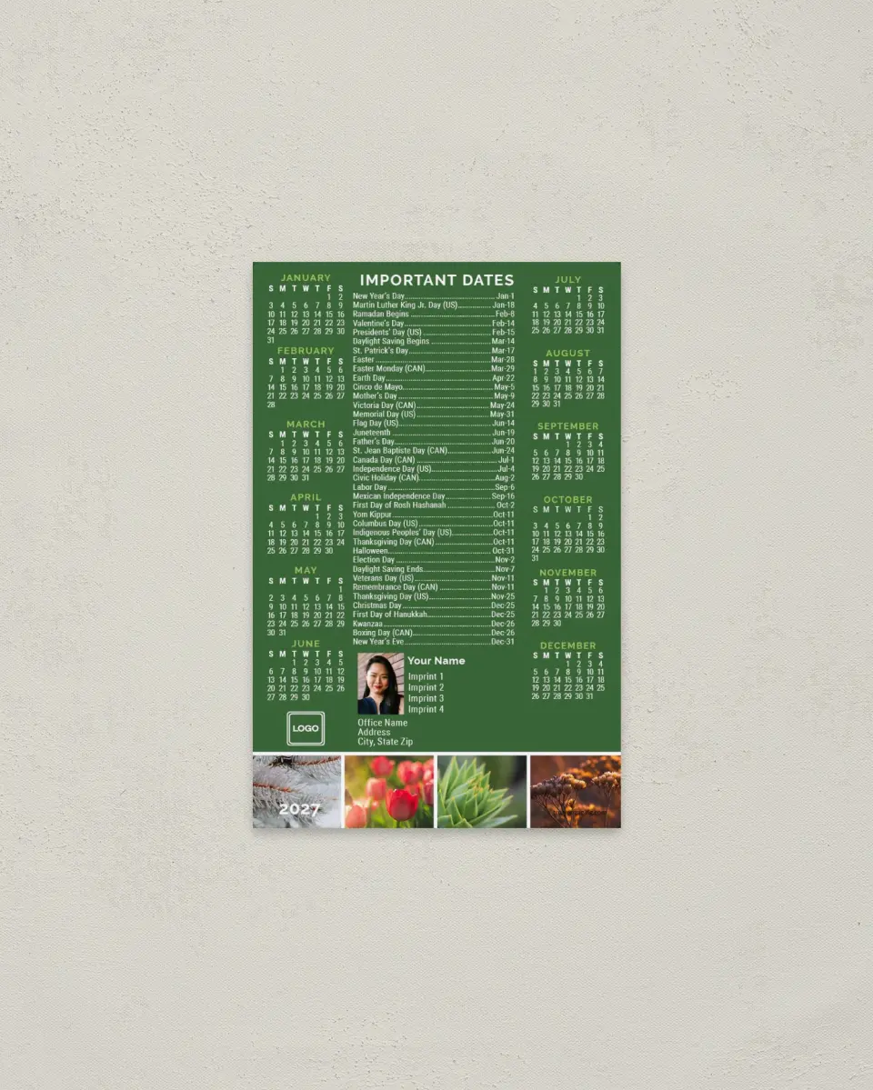 This is a 3.7" x 5.7" Full Magnet Calendar called Seasonal Charm printed in full color with a Standard Gloss finish