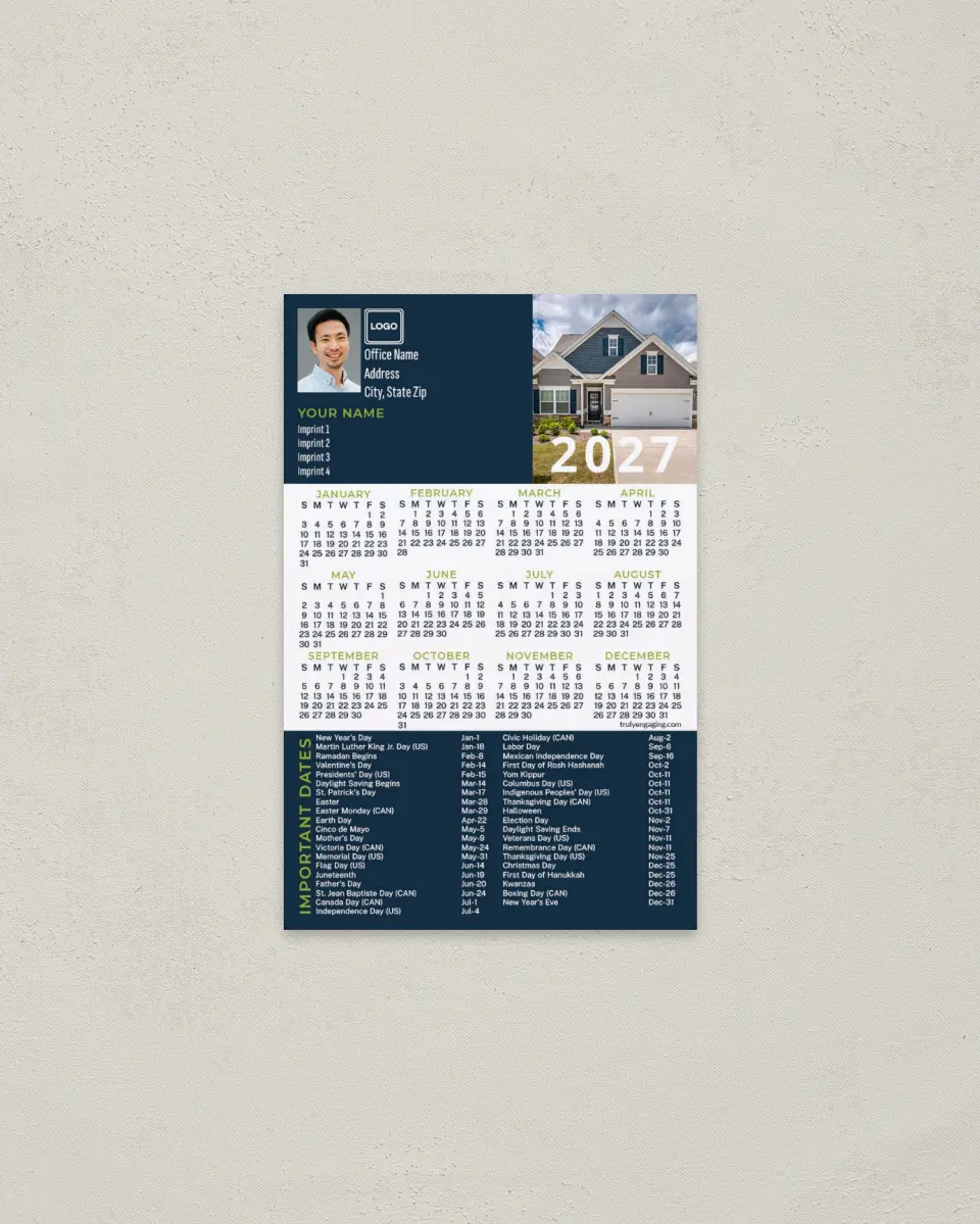 This is a 3.7" x 5.7" Full Magnet Calendar called Listed Home printed in full color with a Standard Gloss finish