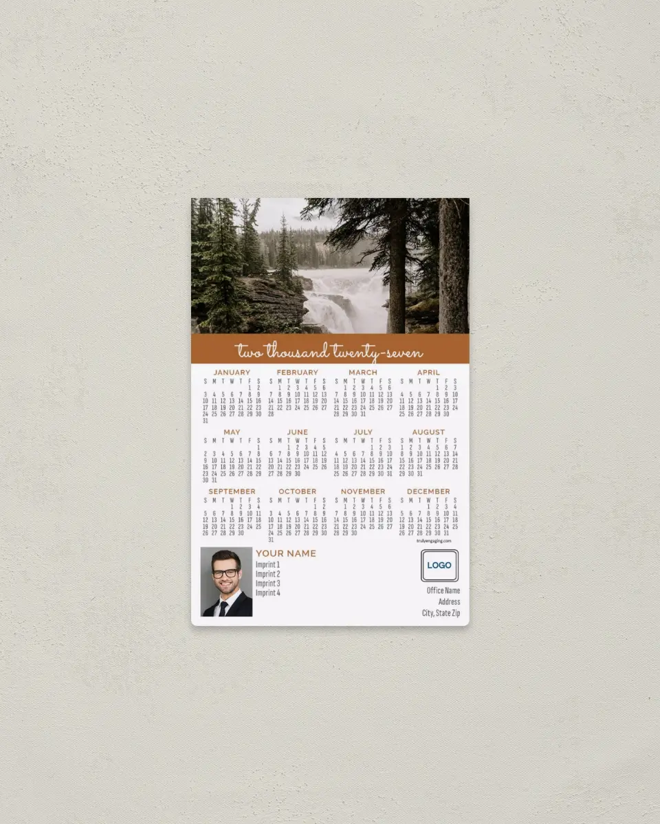 This is a 3.7" x 5.7" Full Magnet Calendar called Woodland Falls printed in full color with a Standard Gloss finish